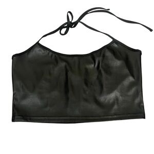 PrettyLittleThing Black Faux Leather Halter Crop‎ Top